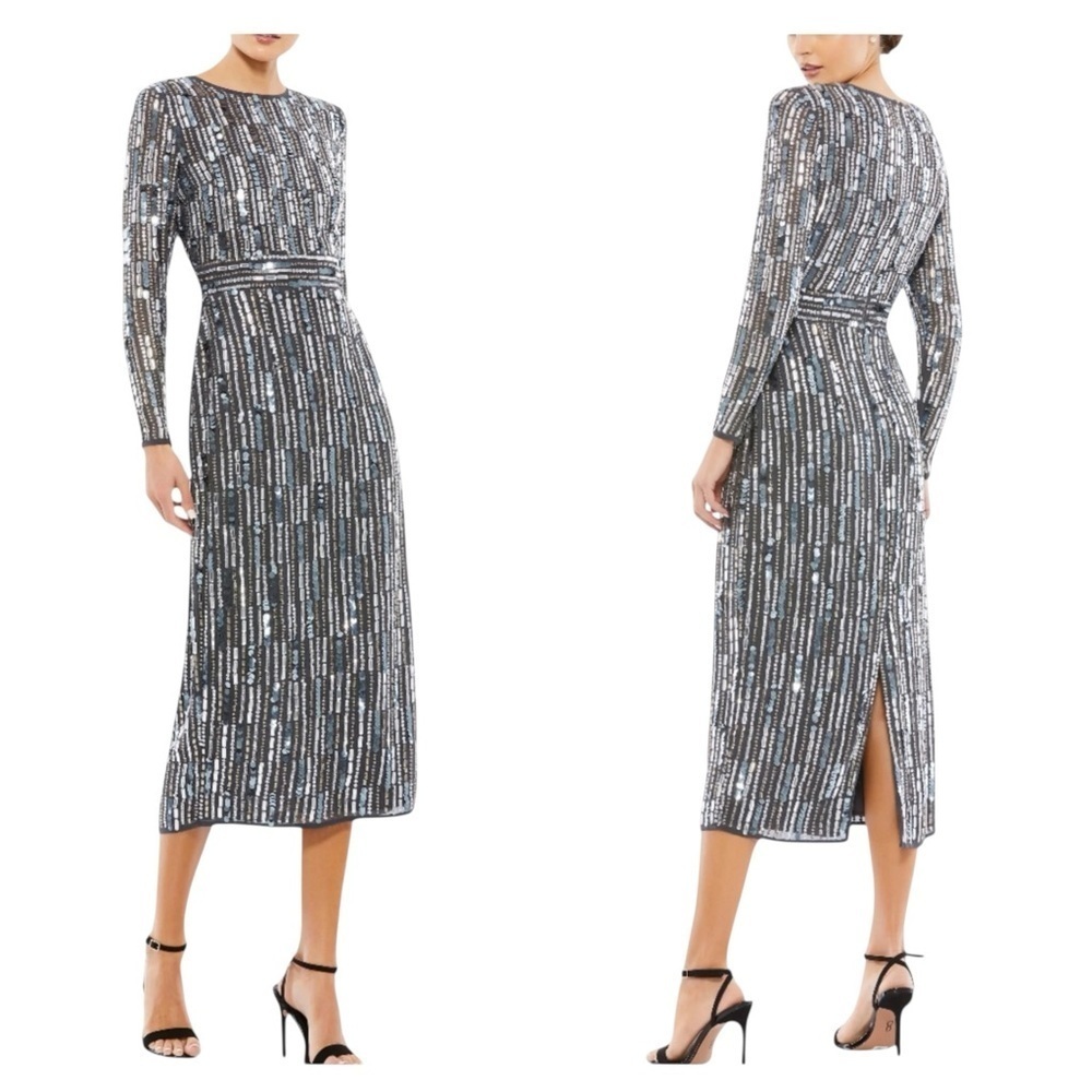 Mac Duggal 93590A Silver Beaded Midi Dress Long Sleeve Size 4 NWT